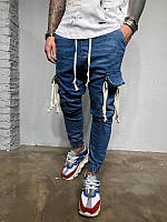 Мужские крутые джинсы, синие с карманами и на манжетах