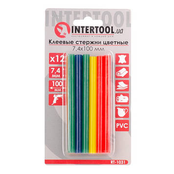 Комплект кольорових клейових стрижнів 7.4 мм*100мм, 12шт INTERTOOL RT-1031