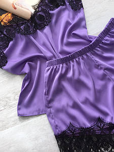 Жіноча шовкова піжама майка та шорти фіолетова