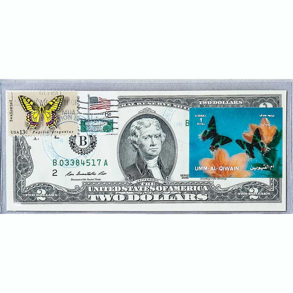 Банкнота США 2 долар 2009 з друком USPS, метелики махаони, Gem UNC
