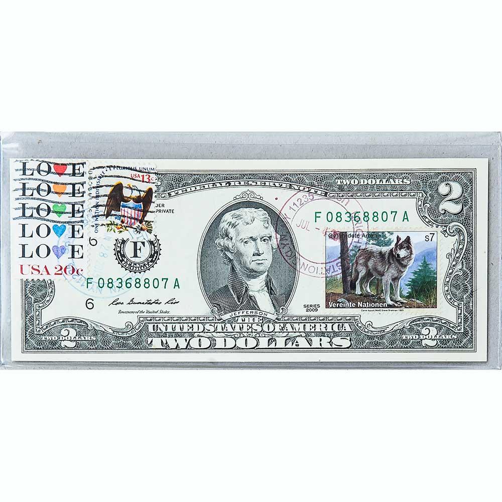 Банкнота США 2 долар 2009 з друком USPS, вовк, Gem UNC