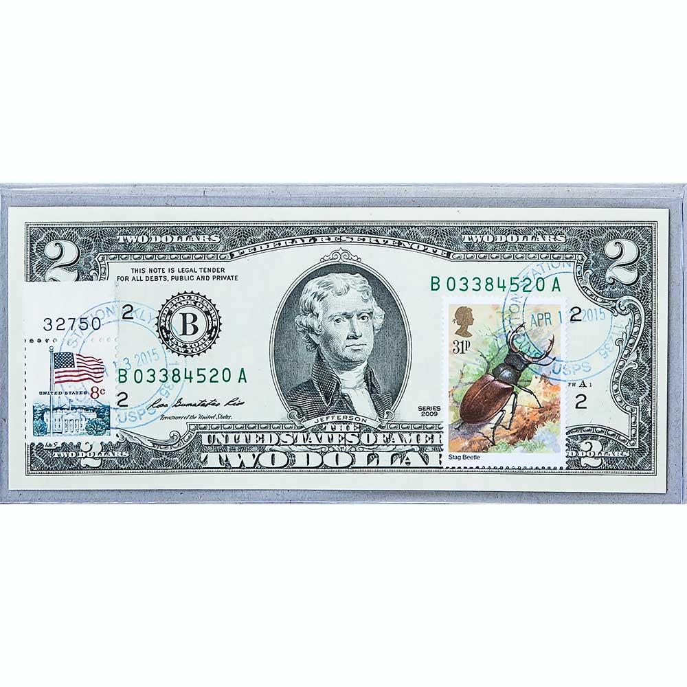 Банкнота США 2 долар 2009 з друком USPS, жук олень, Gem UNC