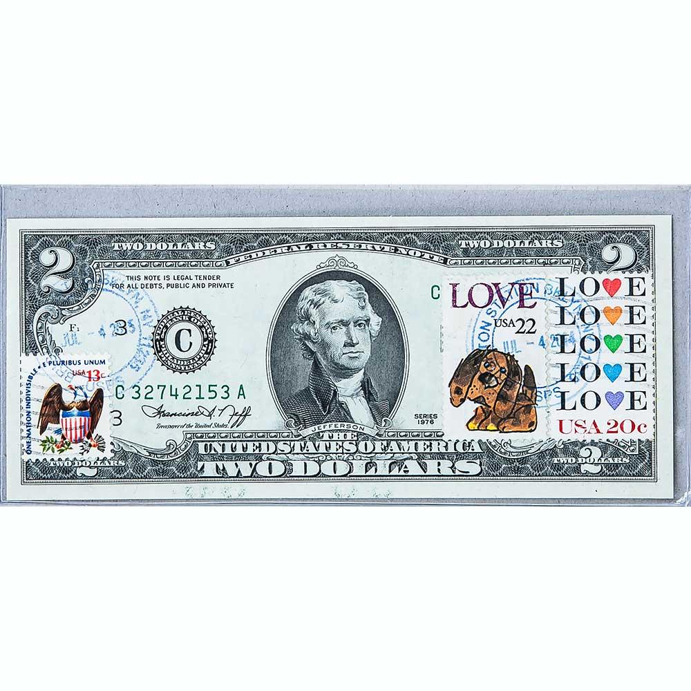 Банкнота США 2 долари 1976 з друком USPS, іграшковий собака, UNC