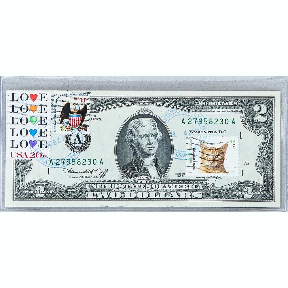 Банкнота США 2 долари 1976 з друком USPS, кіт рудий, Gem UNC