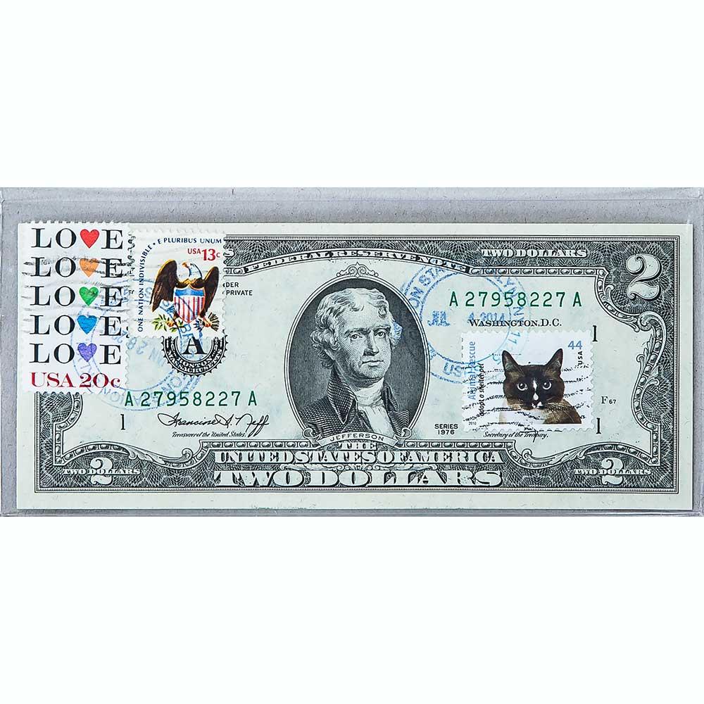 Банкнота США 2 долари 1976 з друком USPS, кот сиамський, Gem UNC