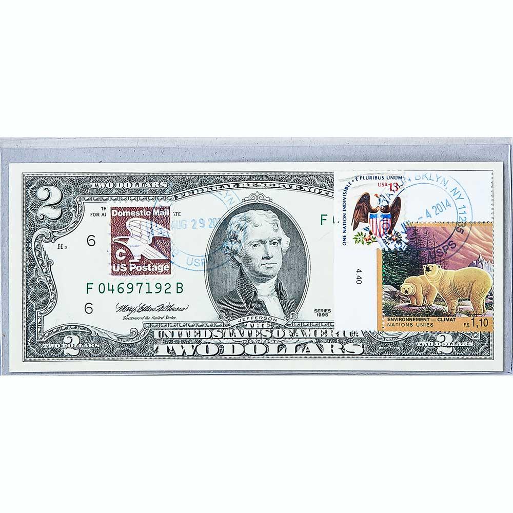 Банкнота США 2 долари 1995 з друком USPS, полярні ведмеді, Gem UNC