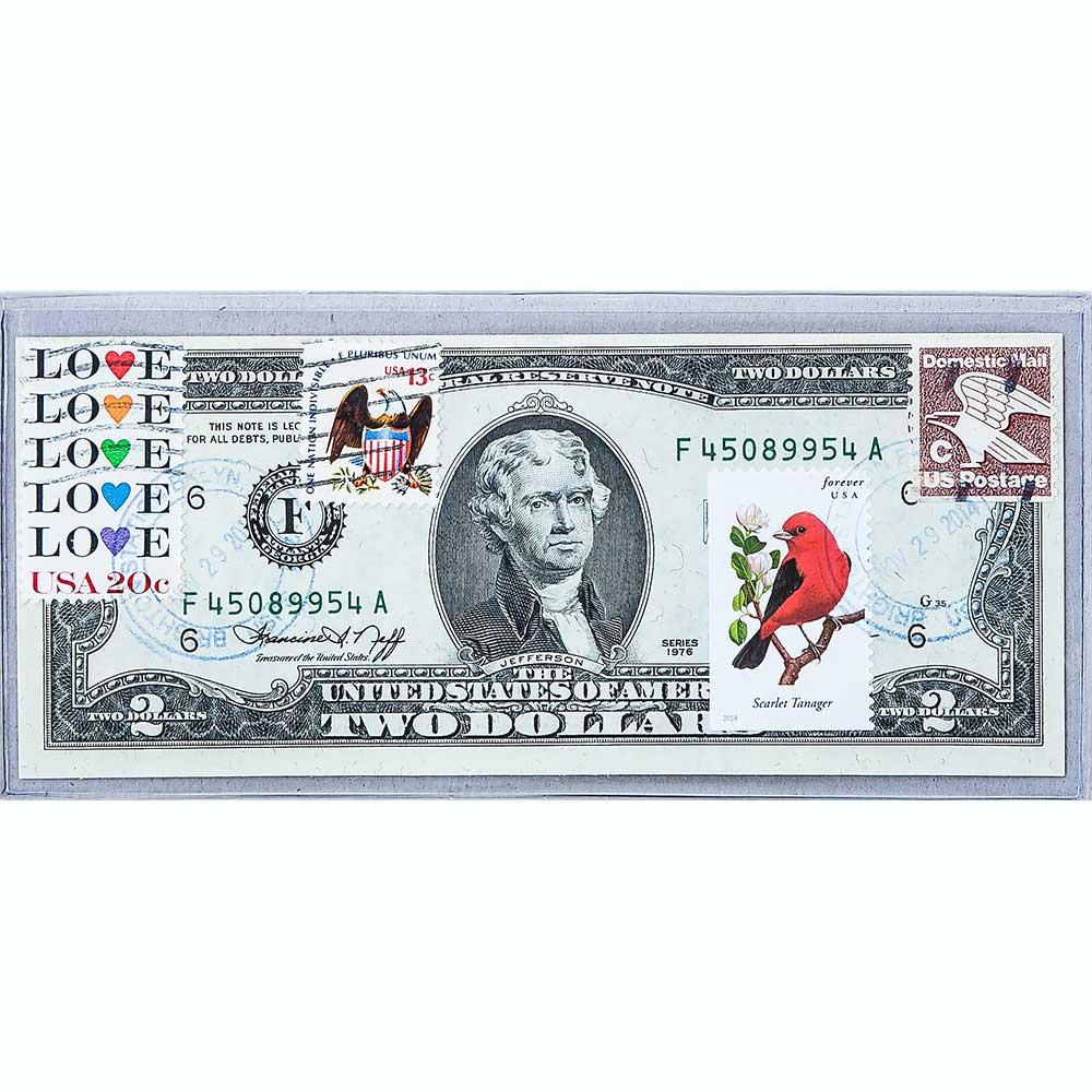 Банкнота США 2 долари 1976 з друком USPS, птах яскраво-червоний танагра, Gem UNC