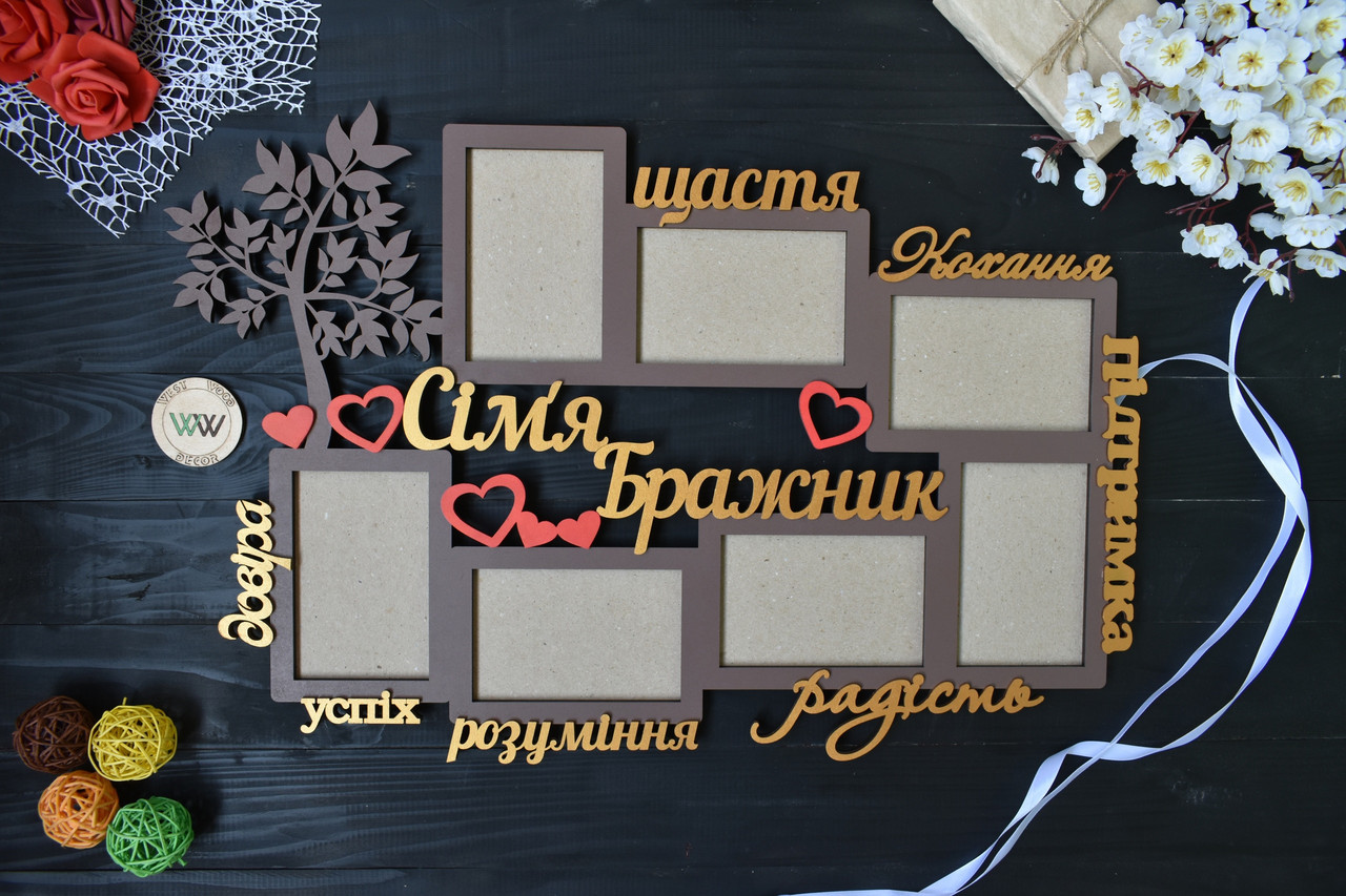 Фоторамка з дерева "Сім'я з деревом і словами" на 7 фото, сімейна фоторамка, подарунок родині