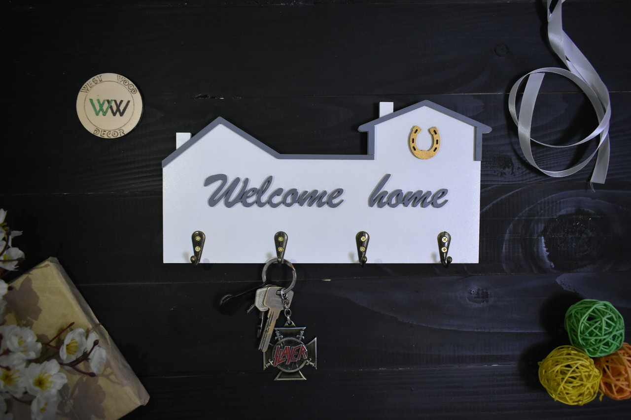 Ключниця з дерева Welcome Home з підковою