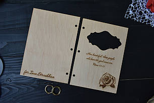 Обкладинка альбому, книги побажань, гостьової книги на весілля з дерева з гравіруванням і трояндою