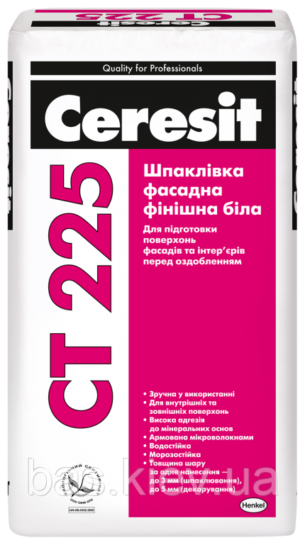 CT 225 Шпаклівка фасадна фінішна (біла), 25 кг
