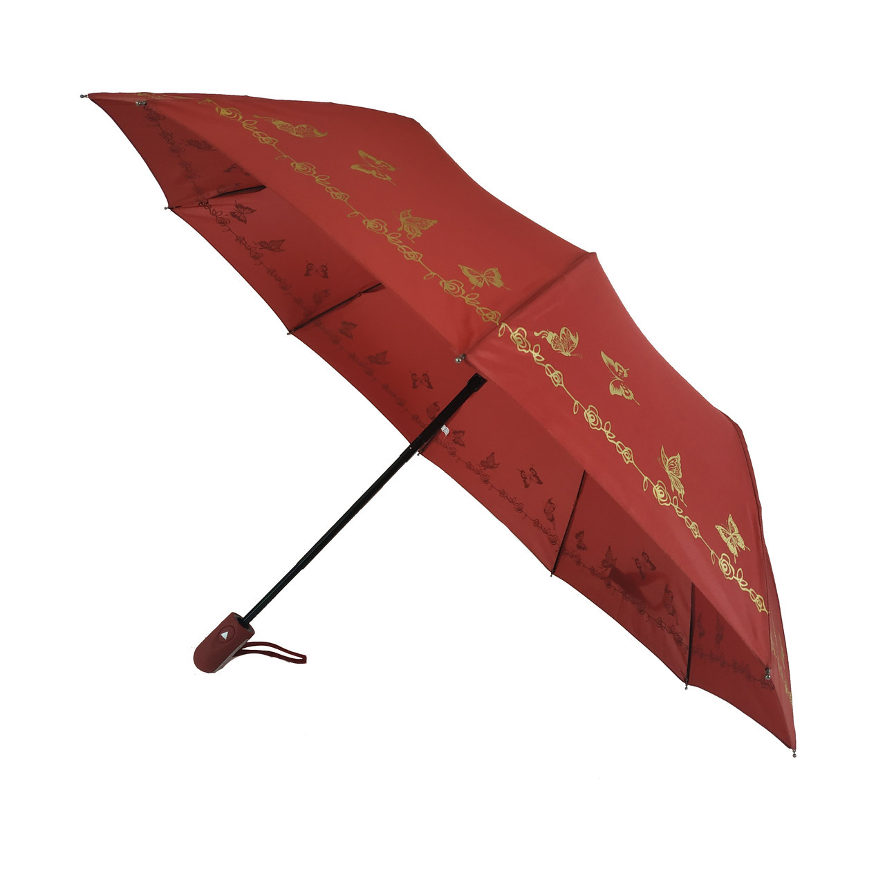 Жіноча парасоля напівавтомат Bellissimo з золотистим візерунком на куполі на 10 спиць, бордовий, 018308-8
