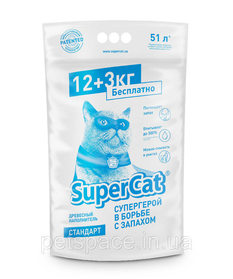 Деревний наповнювач для котів Super Cat (Супер Кет Стандарт) 12+3кг./51л.