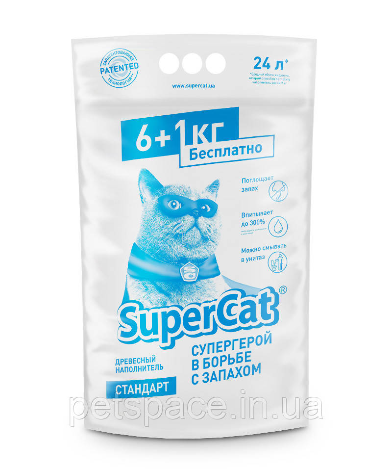 Деревний наповнювач для котів Super Cat (Супер Кет Стандарт) 6+1кг./24л., фото 1