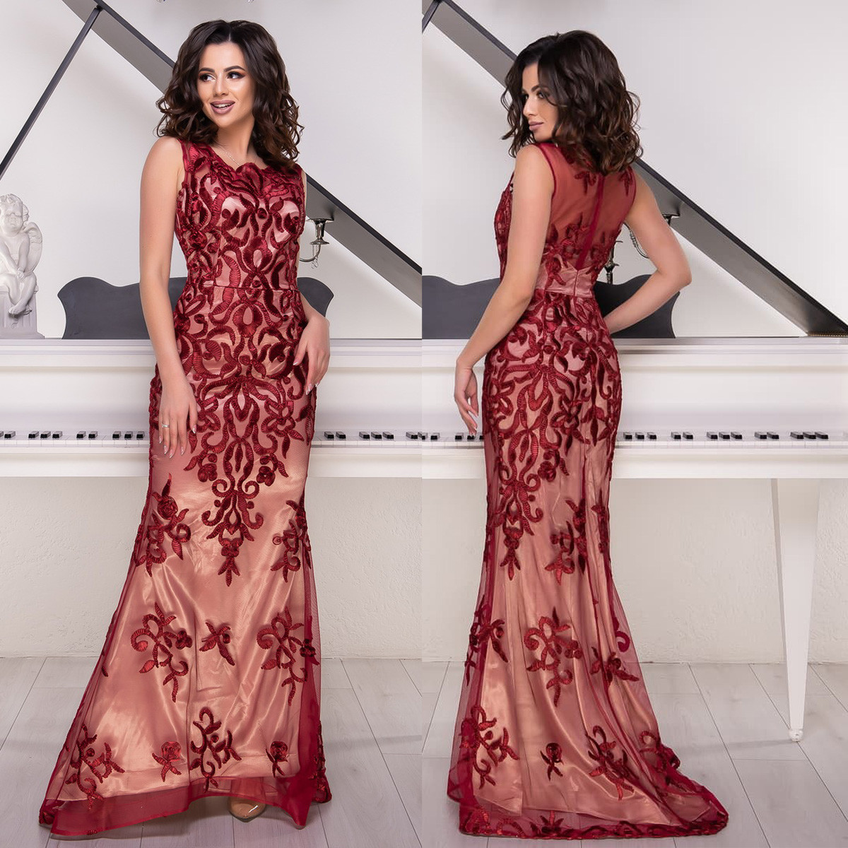 Бордовое платье в пол со шлейфом вечернее размер S "Айриш" / anna-best.com