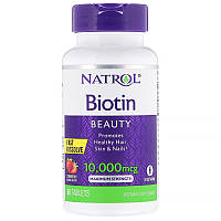 Біотин, Вітамін В7 Natrol, Biotin Біотин з натуральним полуничним смаком, 10.000 мкг, 60 таблеток