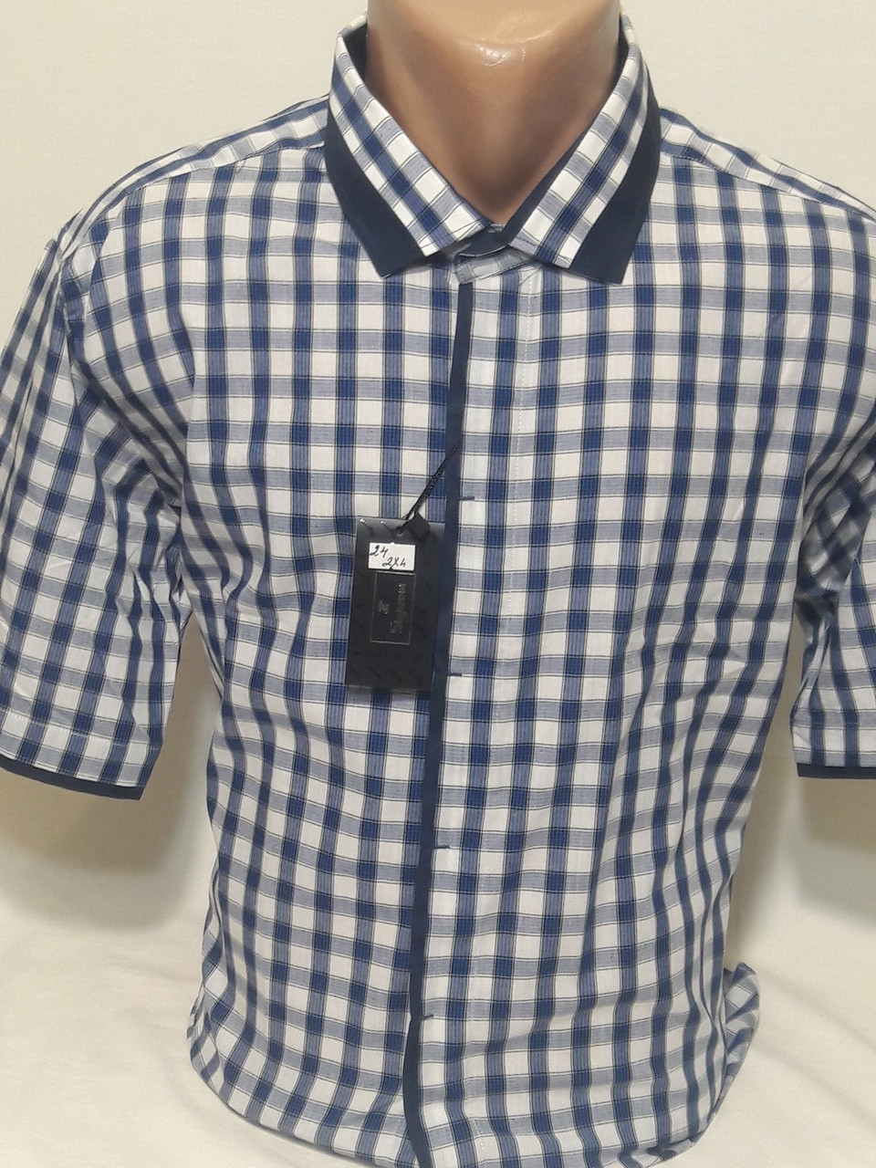 Сорочка чоловіча vk-0024 Sig Men синя в клітку приталені комбінована з коротким рукавом