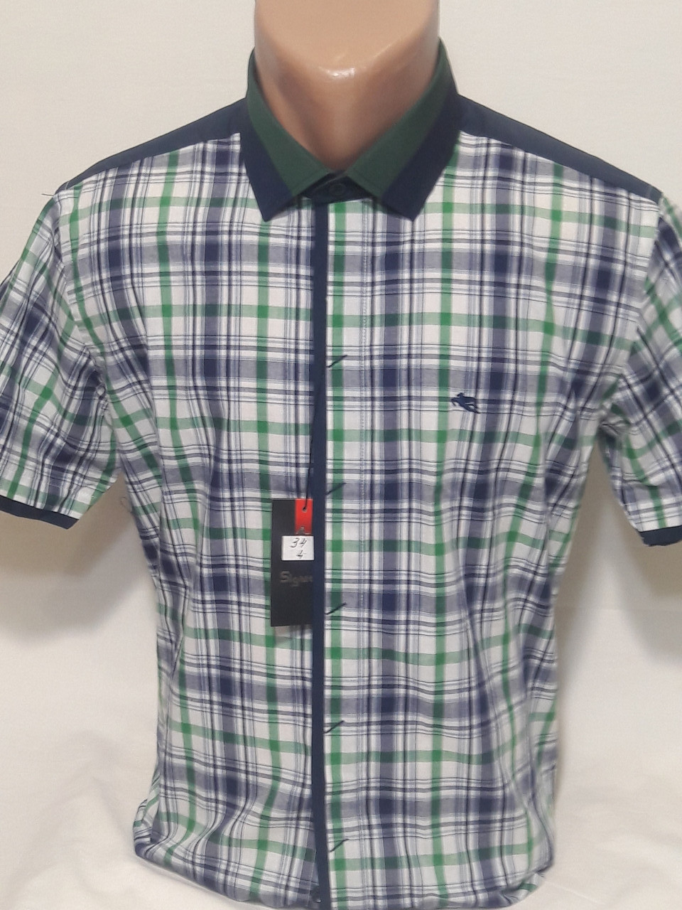 Сорочка чоловіча vk-0034 Sig Men синя в клітку комбінована приталені з коротким рукавом