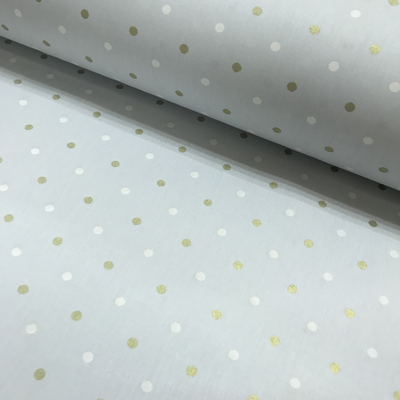 Тканина поплін горошок білий і золотий (гліттер) на світло-блакитному (ТУРЦІЯ шир. 2,4 м) (R-W-0589), фото 1