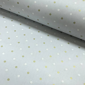 Тканина поплін горошок білий і золотий (гліттер) на світло-блакитному (ТУРЦІЯ шир. 2,4 м) (R-W-0589)