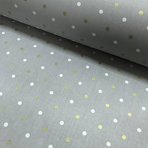 Тканина поплін горошок білий і золотий (глітер) на сірому (ТУРЦІЯ шир. 2,4 м) (R-W-0588)