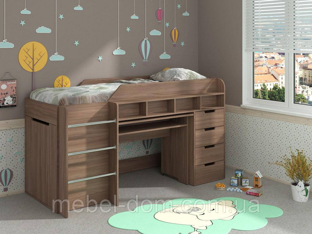 Дитяче ліжко-чердак Легенда зі столом, шафою та комодом