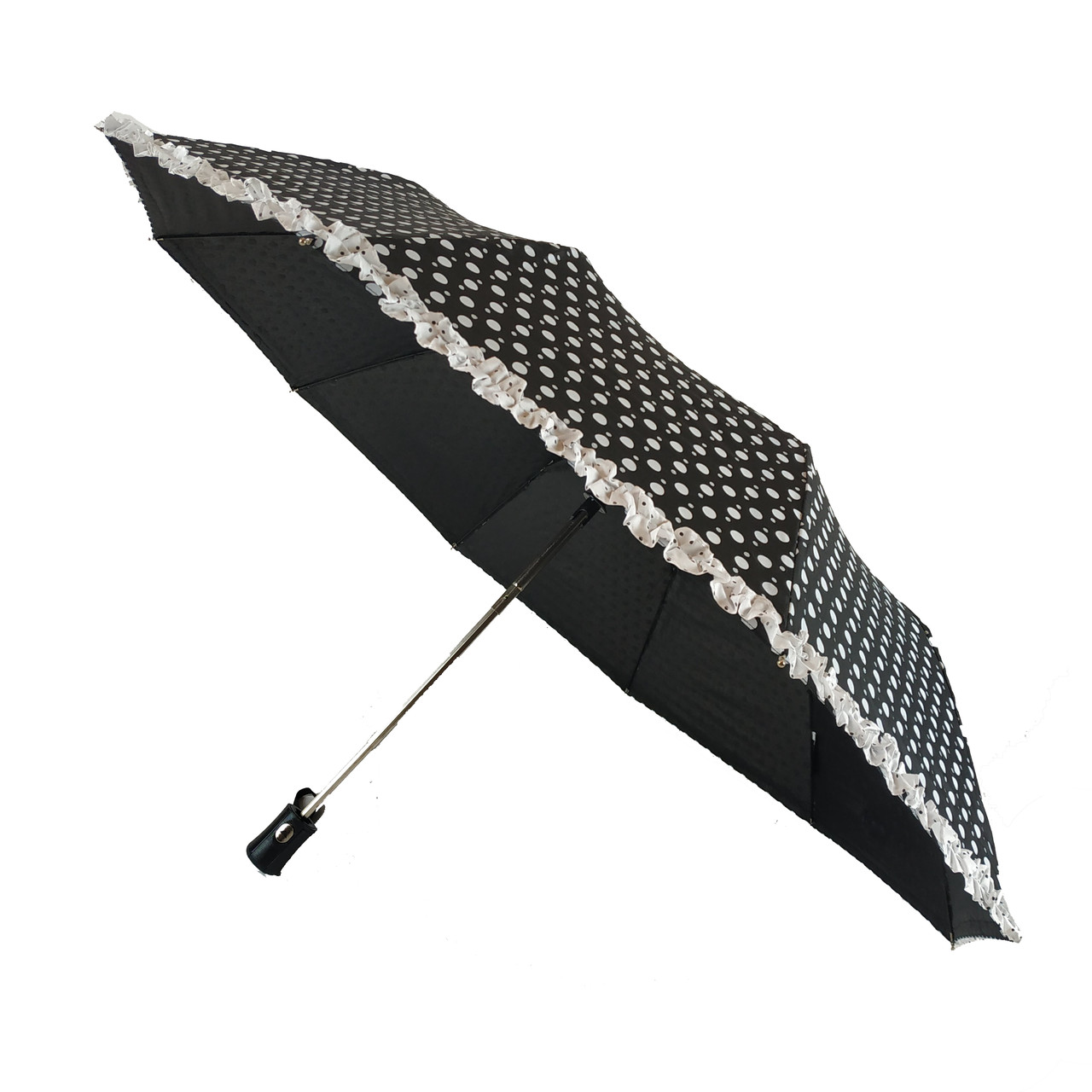Жіноча парасоля напівавтомат в горошок з рюшею SL, чорний, 033057-2