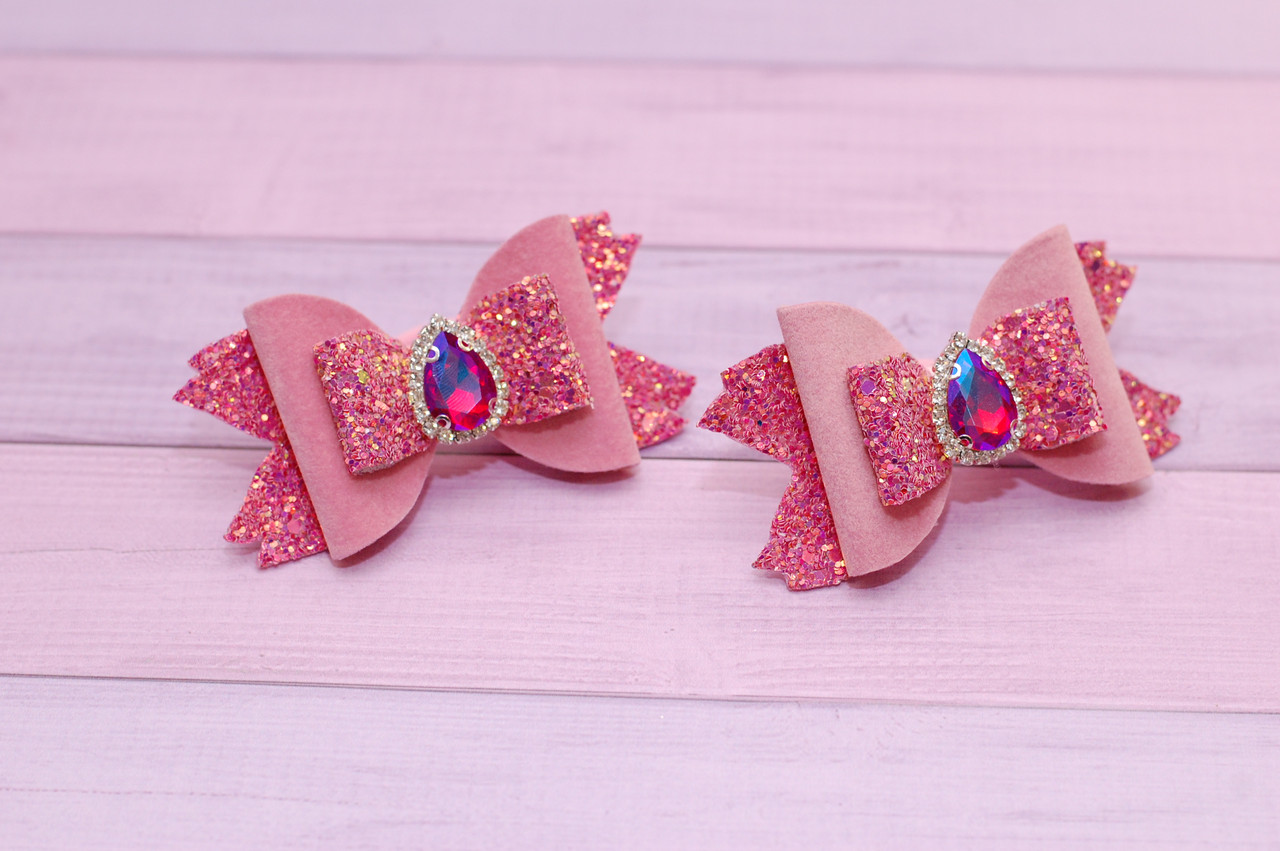 Банти на резинці для волосся дитячі з екошкіри і оксамиту 2 штуки рожеві 134 об, фото 1