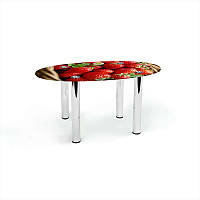 Стіл журнальний Овальний ніжки метал хром стільниця скло фотодрук Strawberry 700х460х450 мм (БЦ-Стіл TM)