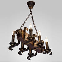 Люстра деревянная Балка - Вензель - Свеча на цепи 6 ламп, дерево венге, металл патина бронза, свеча, D-48см,