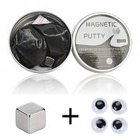 Пластилин магнитный Magnetic Putty в металлическом боксе + 4 глаза Черный