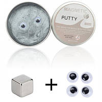 Пластилин магнитный Magnetic Putty в металлическом боксе + 4 глаза Серебряный