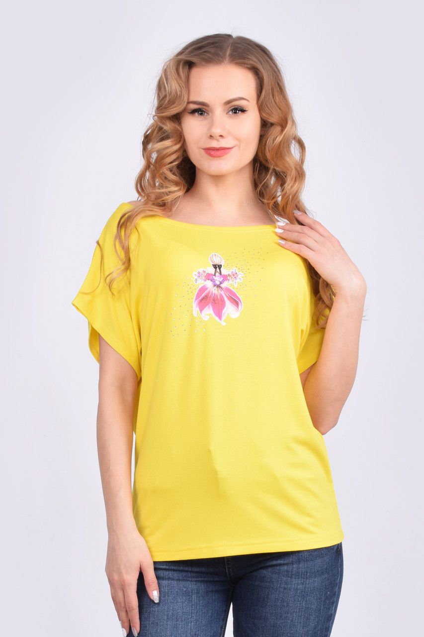 Женская футболка на одно плечо с рисунком девушка, желтая - фото 1 - id-p955522137