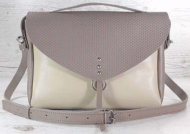 97-к1 Сумка крос-боді жіноча, натуральна шкіра, комбінована темний бежевий пудра молочна
