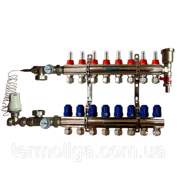 Колектор "GROSS" для теплої підлоги латунний у зборі на 8 контурів, фото 1