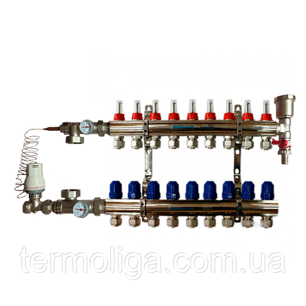 Колектор "GROSS" для теплої підлоги латунний у зборі на 9 контурів, фото 1