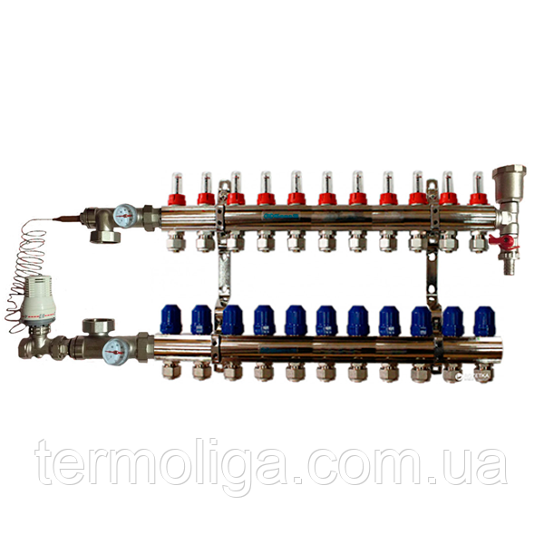 Колектор "GROSS" для теплої підлоги латунний у зборі на 11 контурів, фото 1