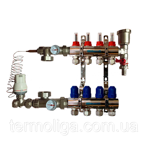 Колектор "GROSS" для теплої підлоги латунний у зборі на 4 контури, фото 1