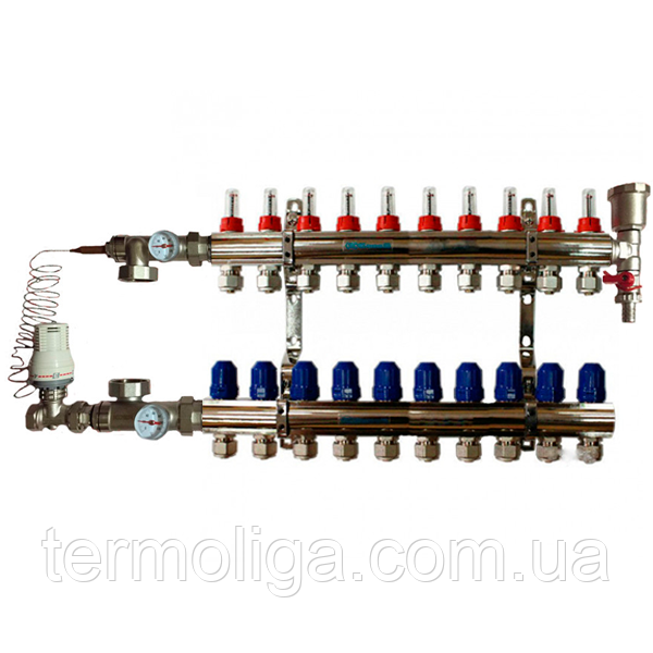 Колектор "GROSS" для теплої підлоги латунний у зборі на 10 контурів, фото 1