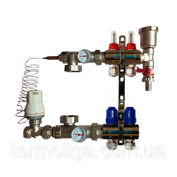 Колектор "GROSS" для теплої підлоги латунний у зборі на 2 контури, фото 1