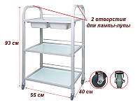 Тележка косметологическая / манипуляционная модель 042 на 3 полки (стекло) с двумя пластиковыми лотками