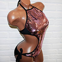 Гарний, яскравий цілісний чорний жіночий купальник із рожевою двосторонньою паєткою, на зав'язках, розмір S