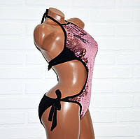 Суцільний чорний жіночий купальник, блискучий, з рожевою двосторонньою паєткою, на зав'язках, розмір M