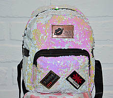 Жіночий рюкзак із двосторонніми біло-рожевими паєтками та нашивками