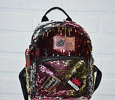 Жіночий чорний рюкзак із двосторонніми жовто-рожевими паєтками та нашивками