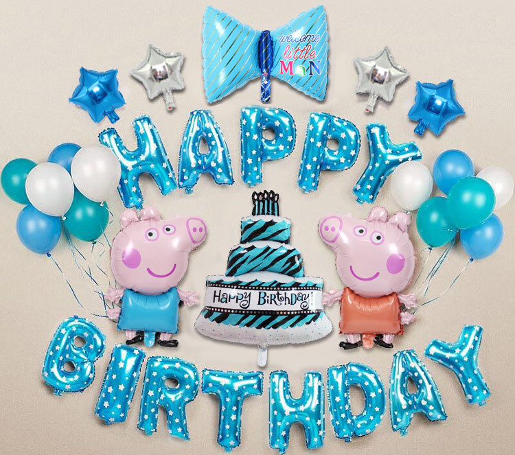 Набір куль на день народження "HAPPY BIRTHDAY" з Пеппой синій + насос, фото 1