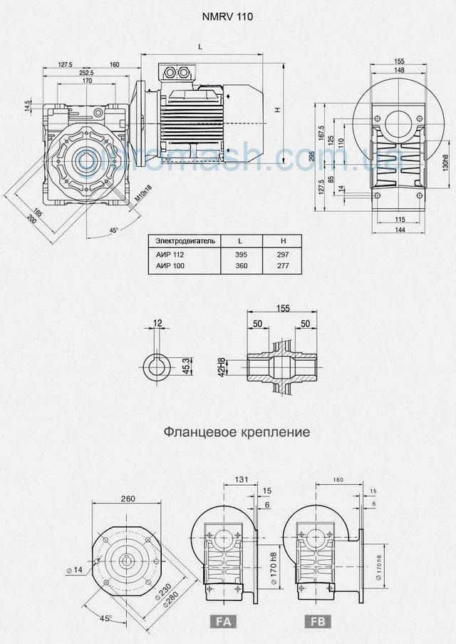 Размеры мотор-редукторов NMRV 110