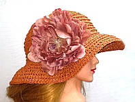 Шляпа женская из рафии, Терракотовая шляпа с большим цветком