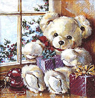 Красивые декупажные салфетки Мишка с подарками у окна 4608