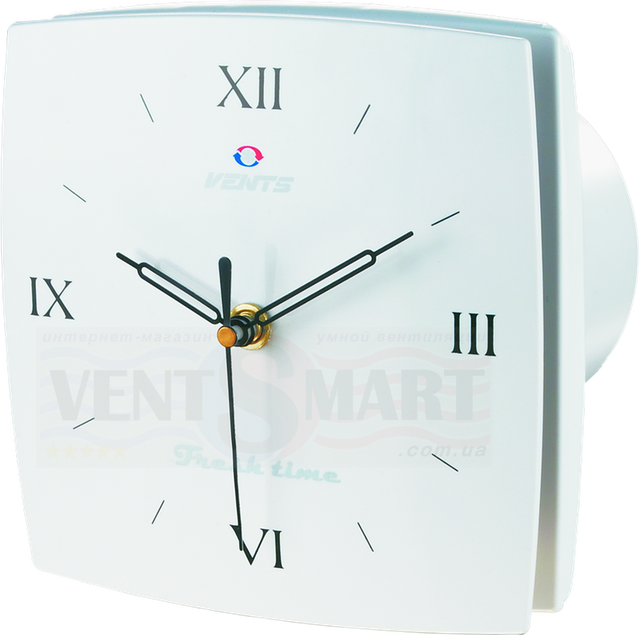 Фото декоративного витяжного вентилятора ВЕНТС ЛД Фреш Р тайм з годинником з римським циферблатом, годинник виконані на декоративною лицьовій панелі.